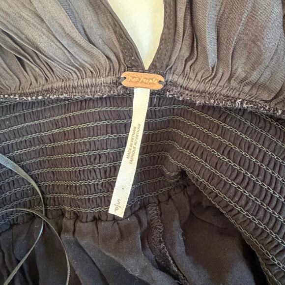 FREE PEOPLE Bonny Mini Dress Black Plunging Smocked Waist Tie Back SZ S - Picture 6 of 8